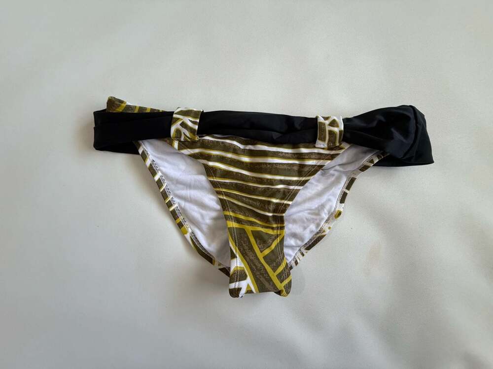 Womens Bikini Bottom Size L Brown Gold Striped Belted Hipster Swim Bottom